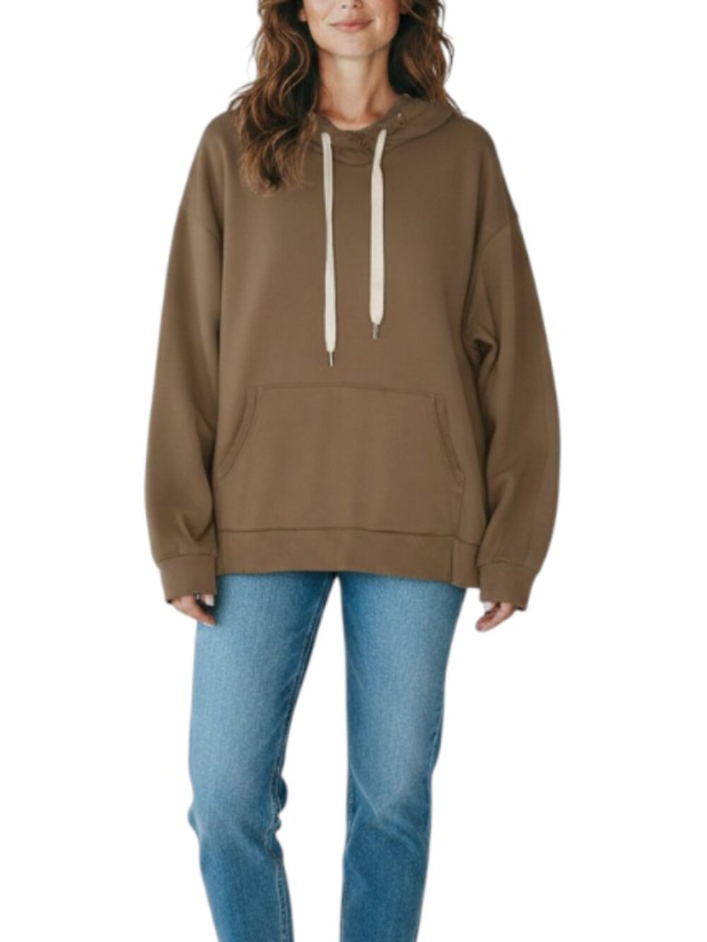 NSF Distressed Terry Hoodie Sz L Brown Oversize Chunky Cozy Boho Trendy Made USA